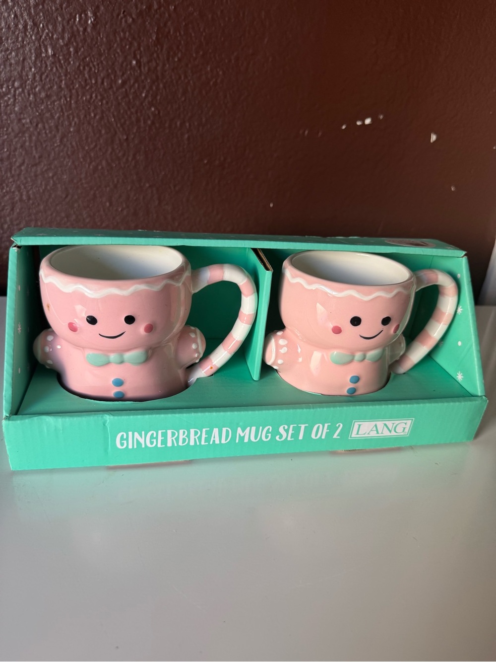 Pink Gingerbread Mug Set of 2 - Cute Holiday Ceramic Mugs